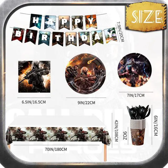 Alt view image 6 of 7 - 126 Pcs Call of Duty Birthday Decorations Tableware, Call of Duty Party Decorations Set - Call of Duty Themed Party Plates Cups Napkins Tablecloth Banners etc Call of Duty Birthday Party Supplies