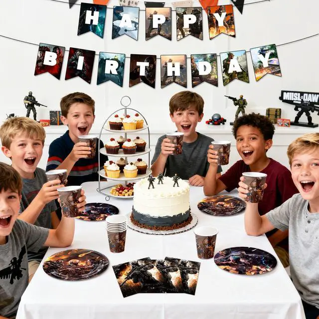 Alt view image 5 of 7 - 126 Pcs Call of Duty Birthday Decorations Tableware, Call of Duty Party Decorations Set - Call of Duty Themed Party Plates Cups Napkins Tablecloth Banners etc Call of Duty Birthday Party Supplies