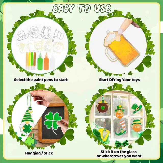 Alt view image 5 of 7 - 201pcs St. Patrick's Day Glue Painting for Irish St. Patrick's Day Party Decorations, Paint Your Own Window Ornaments Irish Sun Catcher Craft for Shamrock Decorations for Irish