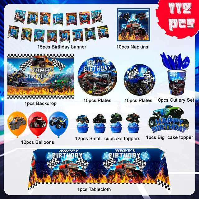 Alt view image 7 of 7 - Monster Truck Birthday Party Supplies,112pcs Monster Truck Birthday Decorations & Tableware Kit - Monster Truck Plates and Napkins Banner Backdrop etc Monster Truck Decorations for Birthday Party