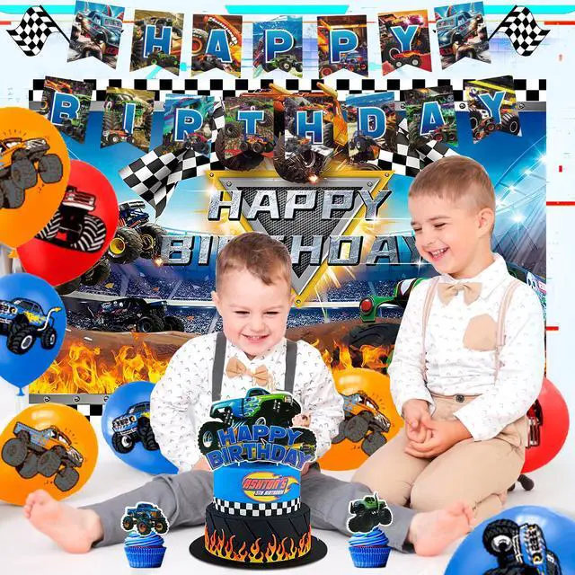Alt view image 5 of 7 - Monster Truck Birthday Party Supplies,112pcs Monster Truck Birthday Decorations & Tableware Kit - Monster Truck Plates and Napkins Banner Backdrop etc Monster Truck Decorations for Birthday Party