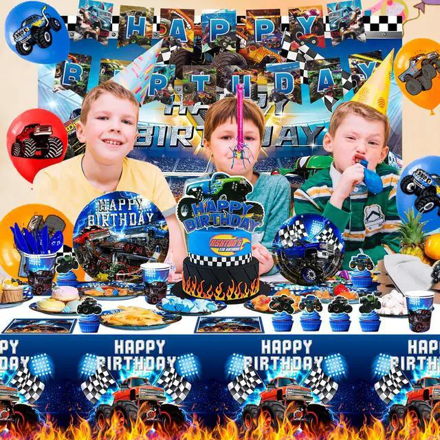 Alt view image 3 of 7 - Monster Truck Birthday Party Supplies,112pcs Monster Truck Birthday Decorations & Tableware Kit - Monster Truck Plates and Napkins Banner Backdrop etc Monster Truck Decorations for Birthday Party