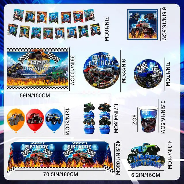 Alt view image 6 of 7 - Monster Truck Birthday Party Supplies,112pcs Monster Truck Birthday Decorations & Tableware Kit - Monster Truck Plates and Napkins Banner Backdrop etc Monster Truck Decorations for Birthday Party