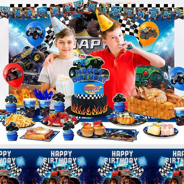 Alt view image 2 of 7 - Monster Truck Birthday Party Supplies,112pcs Monster Truck Birthday Decorations & Tableware Kit - Monster Truck Plates and Napkins Banner Backdrop etc Monster Truck Decorations for Birthday Party