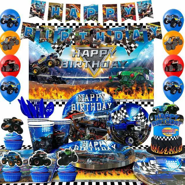 Main image of Monster Truck Birthday Party Supplies,112pcs Monster Truck Birthday Decorations & Tableware Kit - Monster Truck Plates and Napkins Banner Backdrop etc Monster Truck Decorations for Birthday Party