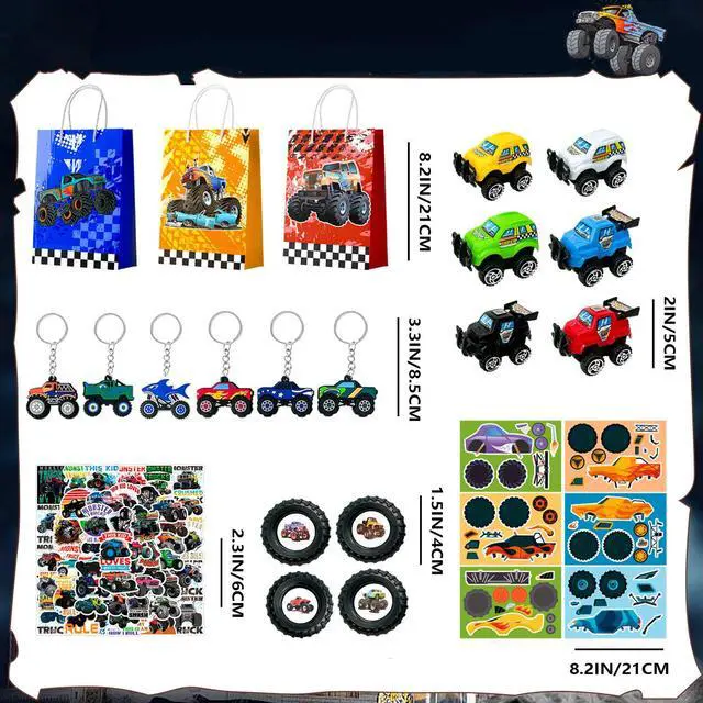 Alt view image 6 of 7 - Monster Truck Favors, 110pcs All-In-One Mini Monster Trucks Party Favors Pack Including Monster Truck Theme Keychain Bags Stickers Toys Ring etc Monster Truck Birthday Party Favors for Boys Kids