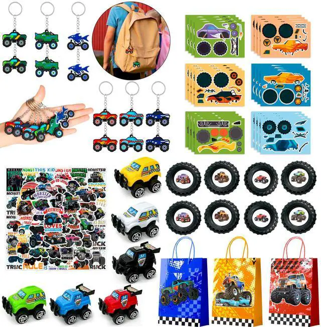 Main image of Monster Truck Favors, 110pcs All-In-One Mini Monster Trucks Party Favors Pack Including Monster Truck Theme Keychain Bags Stickers Toys Ring etc Monster Truck Birthday Party Favors for Boys Kids