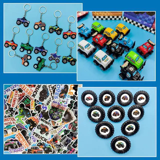 Alt view image 3 of 7 - Monster Truck Favors, 110pcs All-In-One Mini Monster Trucks Party Favors Pack Including Monster Truck Theme Keychain Bags Stickers Toys Ring etc Monster Truck Birthday Party Favors for Boys Kids