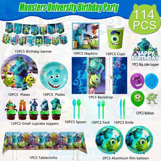 Alt view image 6 of 6 - Monsters Inc Birthday Decorations,114pcs Monster Inc Party Decorations & Tableware Set- Monsters Inc Party Supplies Plates,Monster Inc Balloons Banner Backdrop etc Monster Inc Birthday Party Supplies