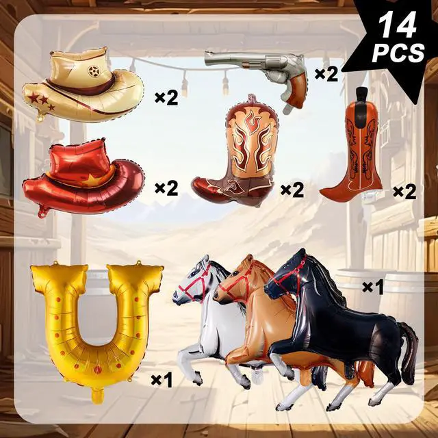 Alt view image 7 of 7 - Cowboy Balloons, 14pcs Cowboy Party Decorations Balloons Set - Cowboy Hat Foil Balloons + Horse Foil Balloons + Cowboy Boot Balloons, Cowboy Foil Balloons for Cowboy Theme Party Decorations