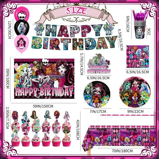 Alt view image 6 of 7 - Monster High Birthday Decorations,112pcs Monster High Party Decorations & Tableware Set Including Monster High Cake Topper Backdrop Plates Tablecloth etc Monster High Birthday Party Supplies