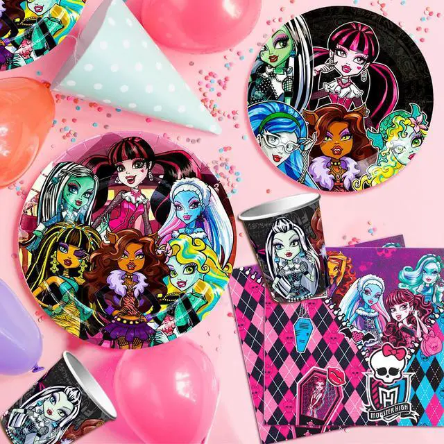 Alt view image 5 of 7 - Monster High Birthday Decorations,112pcs Monster High Party Decorations & Tableware Set Including Monster High Cake Topper Backdrop Plates Tablecloth etc Monster High Birthday Party Supplies