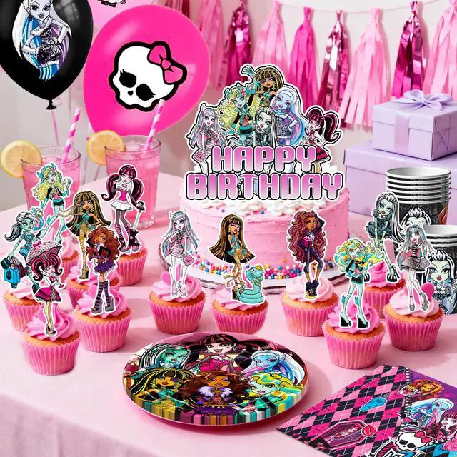 Alt view image 2 of 7 - Monster High Birthday Decorations,112pcs Monster High Party Decorations & Tableware Set Including Monster High Cake Topper Backdrop Plates Tablecloth etc Monster High Birthday Party Supplies