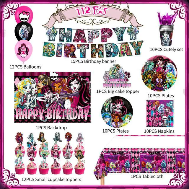 Alt view image 7 of 7 - Monster High Birthday Decorations,112pcs Monster High Party Decorations & Tableware Set Including Monster High Cake Topper Backdrop Plates Tablecloth etc Monster High Birthday Party Supplies
