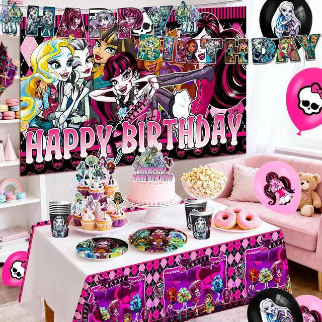 Alt view image 3 of 7 - Monster High Birthday Decorations,112pcs Monster High Party Decorations & Tableware Set Including Monster High Cake Topper Backdrop Plates Tablecloth etc Monster High Birthday Party Supplies