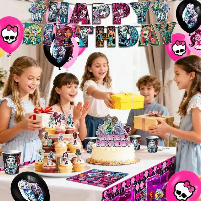 Alt view image 4 of 7 - Monster High Birthday Decorations,112pcs Monster High Party Decorations & Tableware Set Including Monster High Cake Topper Backdrop Plates Tablecloth etc Monster High Birthday Party Supplies