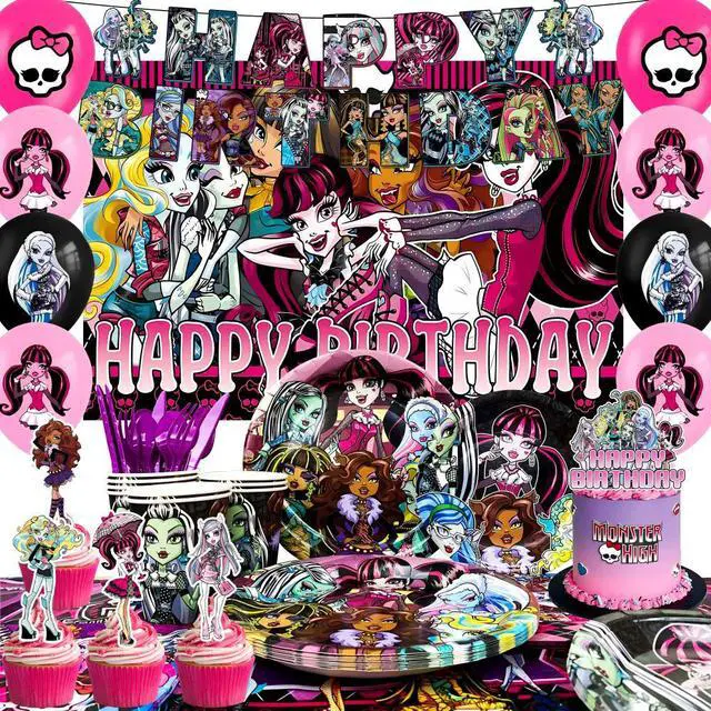Main image of Monster High Birthday Decorations,112pcs Monster High Party Decorations & Tableware Set Including Monster High Cake Topper Backdrop Plates Tablecloth etc Monster High Birthday Party Supplies