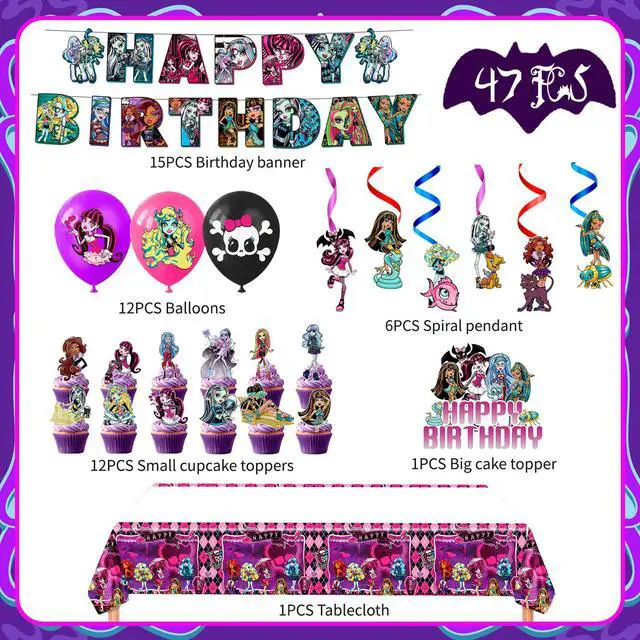 Alt view image 7 of 7 - 47pcs Monster High Party Decorations Supplies Set Including Monster High Birthday Banner Balloons Spirals Cake Decoration etc Monster High Birthday Party Decorations for Kids