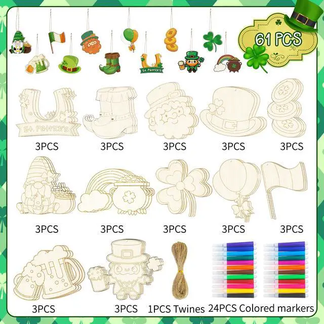Alt view image 7 of 7 - St. Patrick's Day Coloring Arts Crafts, 61pcs Saint Patty Day Decor Set, Saint Patty Hanging Ornament Saints Day Hanging Ornament for St. Patrick's Day Party Decorations