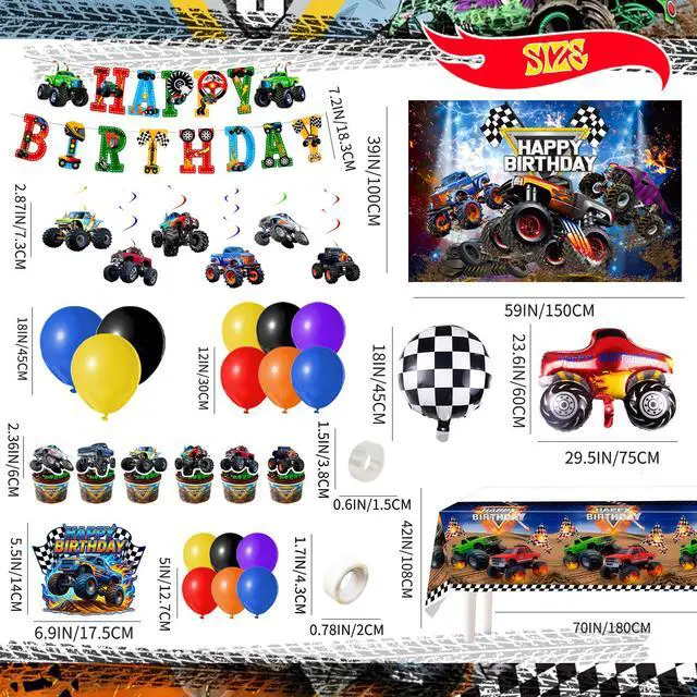 Alt view image 6 of 7 - 111pcs Monster Truck Birthday Decorations Kit, Monster Truck Balloons Banner Backdrop Truck Toppers etc for Monster Jam Party Decorations Supplies Party Favor Bag Fillers