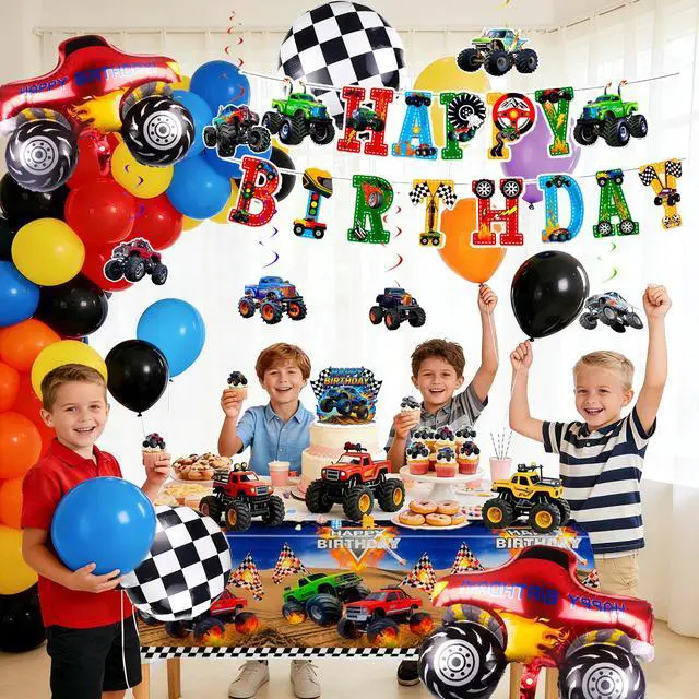 Alt view image 5 of 7 - 111pcs Monster Truck Birthday Decorations Kit, Monster Truck Balloons Banner Backdrop Truck Toppers etc for Monster Jam Party Decorations Supplies Party Favor Bag Fillers