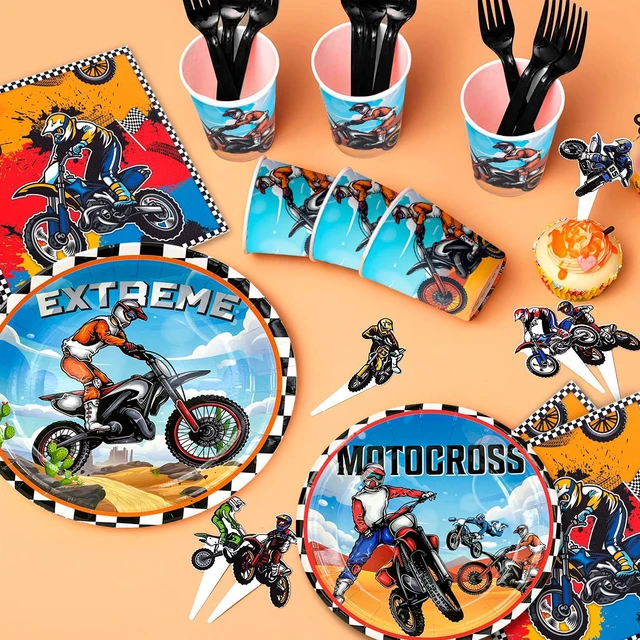 Alt view image 2 of 7 - Motorcycle Birthday Supplies, 54pcs Motorcycle Birthday Decorations&Motorcycle Theme Party Tableware Set- Dirt Bike Party Plates and Napkins Cups & Banner Balloon etc Motocross Party Supplies for Boys