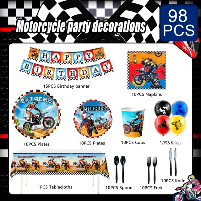 Alt view image 6 of 7 - Motorcycle Birthday Supplies, 54pcs Motorcycle Birthday Decorations&Motorcycle Theme Party Tableware Set- Dirt Bike Party Plates and Napkins Cups & Banner Balloon etc Motocross Party Supplies for Boys