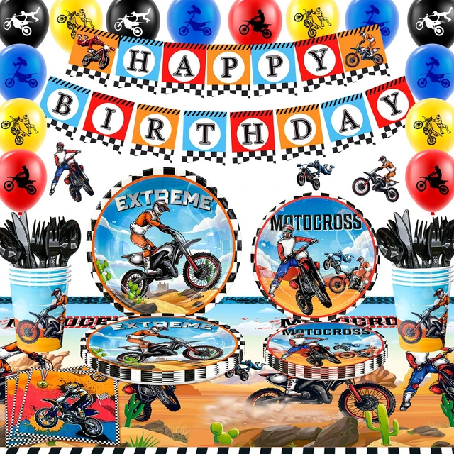 Main image of Motorcycle Birthday Supplies, 54pcs Motorcycle Birthday Decorations&Motorcycle Theme Party Tableware Set- Dirt Bike Party Plates and Napkins Cups & Banner Balloon etc Motocross Party Supplies for Boys