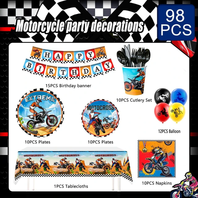 Alt view image 7 of 7 - Motorcycle Birthday Supplies, 54pcs Motorcycle Birthday Decorations&Motorcycle Theme Party Tableware Set- Dirt Bike Party Plates and Napkins Cups & Banner Balloon etc Motocross Party Supplies for Boys