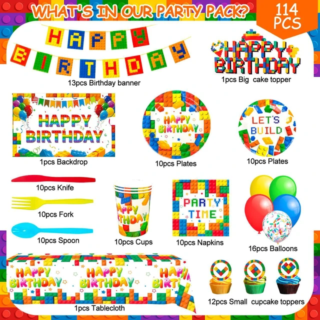 Alt view image 6 of 6 - Building Block Birthday Party Supplies,114pcs Building Blocks Party Decorations & Tableware Set - Building Block Party Plates Tablecloth Banner Backdrop etc Building Blocks Themed Party Supplies