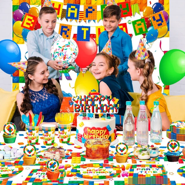 Alt view image 2 of 6 - Building Block Birthday Party Supplies,114pcs Building Blocks Party Decorations & Tableware Set - Building Block Party Plates Tablecloth Banner Backdrop etc Building Blocks Themed Party Supplies