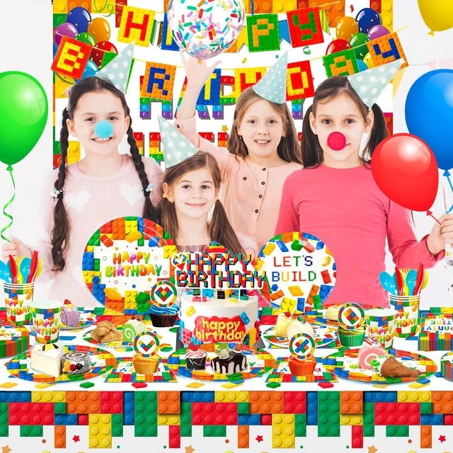 Alt view image 4 of 6 - Building Block Birthday Party Supplies,114pcs Building Blocks Party Decorations & Tableware Set - Building Block Party Plates Tablecloth Banner Backdrop etc Building Blocks Themed Party Supplies