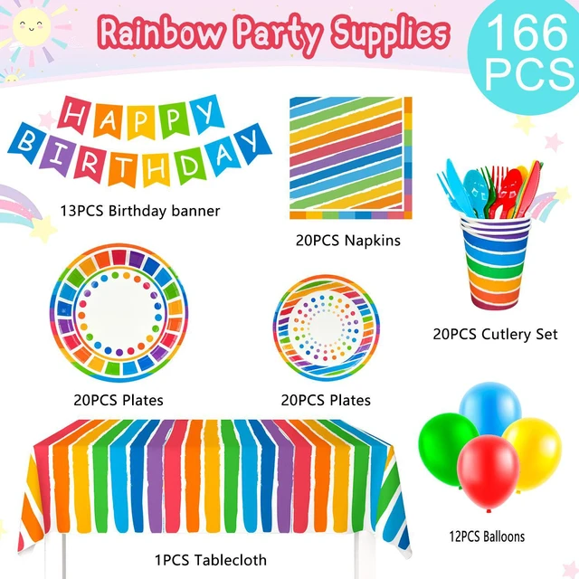 Alt view image 6 of 6 - Rainbow Party Supplies,166pcs Rainbow Party Decorations & Tableware Set - Rainbow Party Plates Napkins Cups & Rainbow Birthday Decorations Balloons Banner etc Rainbow Themed Birthday Party Supplies