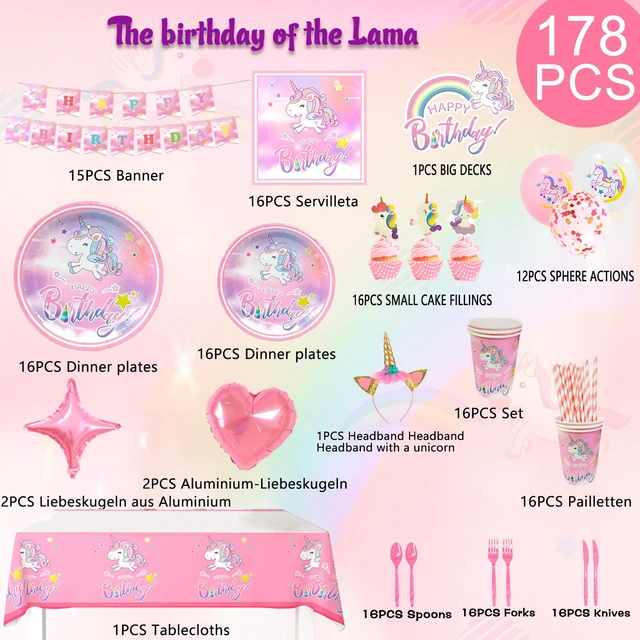 Alt view image 6 of 6 - Unicorn Birthday Decorations for Girls,178pcs Unicorn Party Supplies Tableware Set- Unicorn Balloon Banner Headband Tablecloth Plates Cups Napkins Straws ect Unicorn Themed Birthday Party Supplies