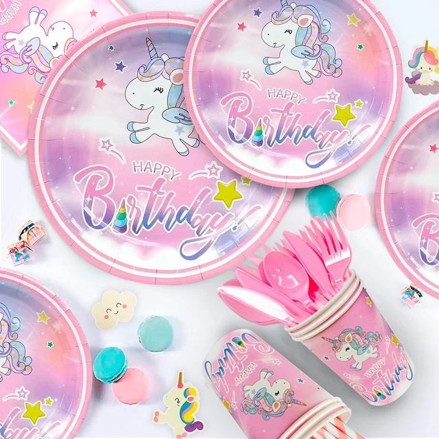 Alt view image 4 of 6 - Unicorn Birthday Decorations for Girls,178pcs Unicorn Party Supplies Tableware Set- Unicorn Balloon Banner Headband Tablecloth Plates Cups Napkins Straws ect Unicorn Themed Birthday Party Supplies