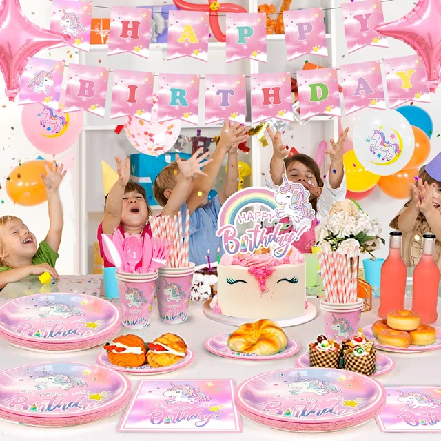 Alt view image 3 of 6 - Unicorn Birthday Decorations for Girls,178pcs Unicorn Party Supplies Tableware Set- Unicorn Balloon Banner Headband Tablecloth Plates Cups Napkins Straws ect Unicorn Themed Birthday Party Supplies