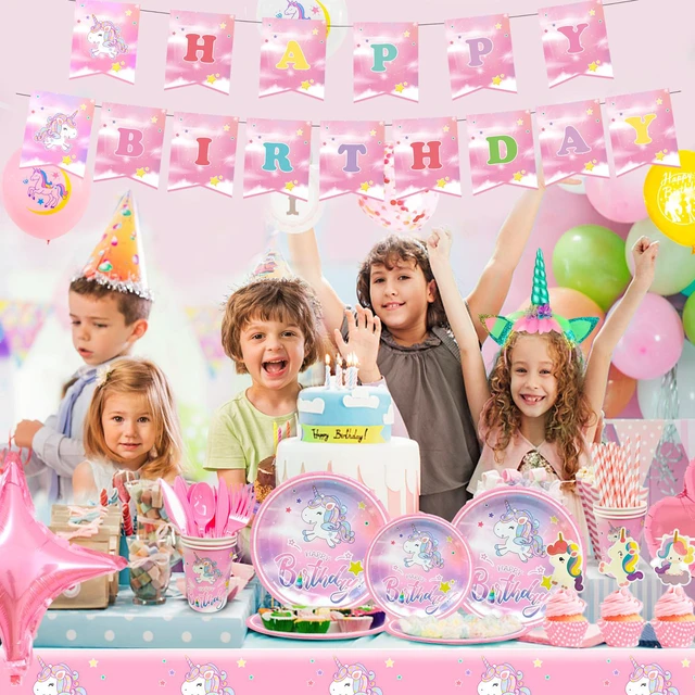 Alt view image 2 of 6 - Unicorn Birthday Decorations for Girls,178pcs Unicorn Party Supplies Tableware Set- Unicorn Balloon Banner Headband Tablecloth Plates Cups Napkins Straws ect Unicorn Themed Birthday Party Supplies