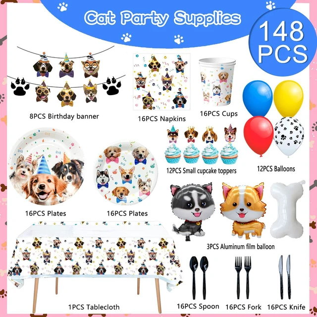 Alt view image 6 of 7 - Puppy Dog Birthday Party Supplies,148pcs Dog Party Decorations & Dog Birthday Party Tableware Set- Dog Birthday Banner,Puppy Balloons&Puppy Party Plates Cups Table Cloth etc Dog Themed Party Supplies