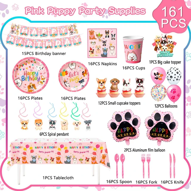 Alt view image 6 of 6 - Puppy Birthday Decorations,161pcs Puppy Party Decorations & Pink Dog Tableware Set- Pink Puppy Plates Cups Napkins & Dog Birthday Banner Balloons Cupcake Toppers etc Dog Birthday Party Supplies