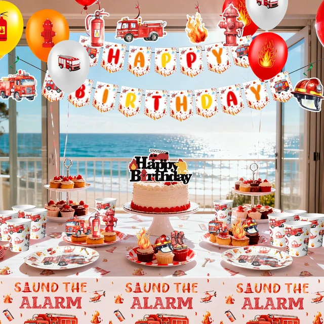 Alt view image 4 of 6 - Fire Truck Birthday Party Supplies, 103pcs Firetruck Birthday Decorations & Tableware Set - Fire Truck Party Plates Cups & Fire Truck Cake Decorations Banner etc Firefighter Birthday Party Decorations