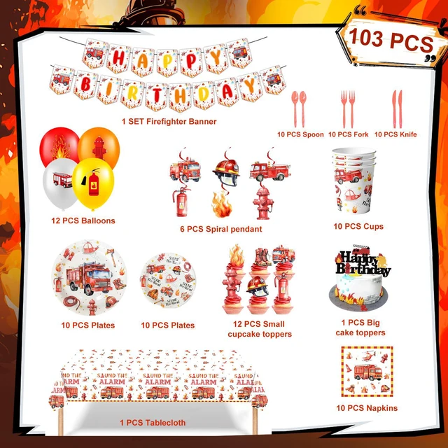 Alt view image 6 of 6 - Fire Truck Birthday Party Supplies, 103pcs Firetruck Birthday Decorations & Tableware Set - Fire Truck Party Plates Cups & Fire Truck Cake Decorations Banner etc Firefighter Birthday Party Decorations