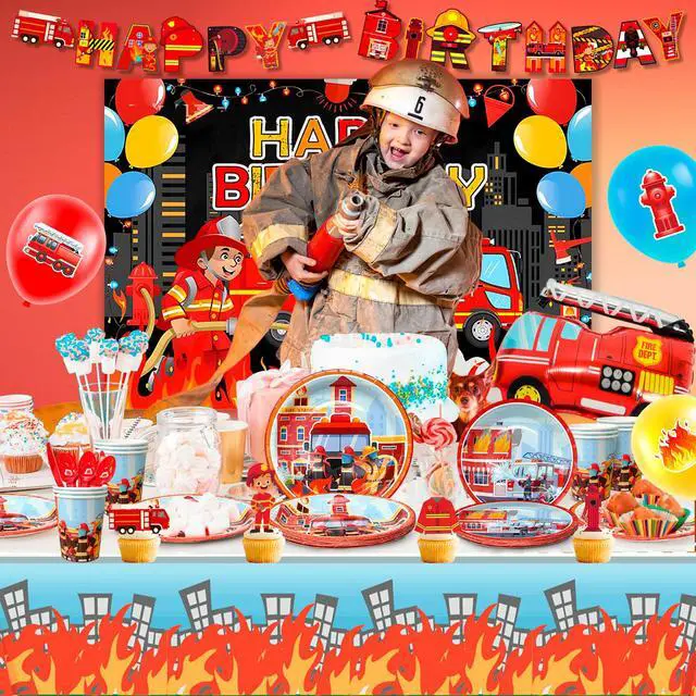 Alt view image 4 of 6 - Fire Truck Birthday Party Supplies, 114pcs Firetruck Birthday Decorations & Tableware Set - Fire Truck Party Plates Cups Napkins & Firefighter Themed Balloon Backdrop etc Fire Truck Party Supplies