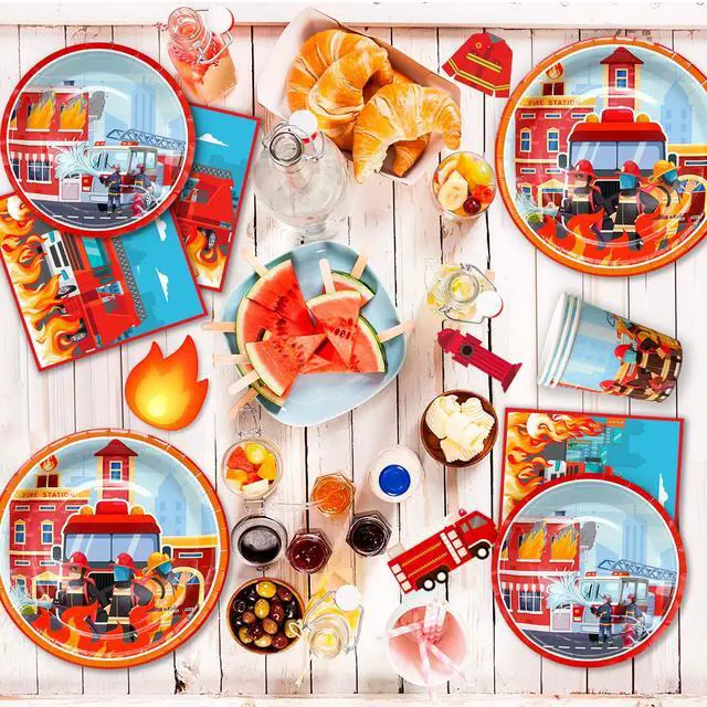 Alt view image 5 of 6 - Fire Truck Birthday Party Supplies, 114pcs Firetruck Birthday Decorations & Tableware Set - Fire Truck Party Plates Cups Napkins & Firefighter Themed Balloon Backdrop etc Fire Truck Party Supplies
