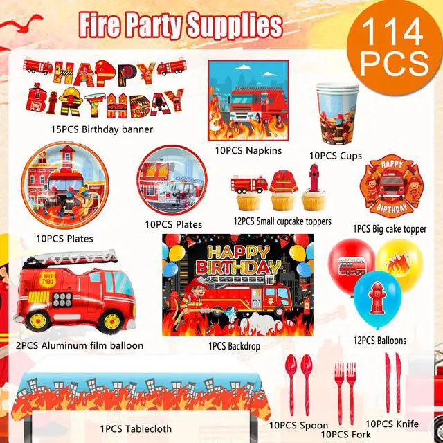 Alt view image 6 of 6 - Fire Truck Birthday Party Supplies, 114pcs Firetruck Birthday Decorations & Tableware Set - Fire Truck Party Plates Cups Napkins & Firefighter Themed Balloon Backdrop etc Fire Truck Party Supplies