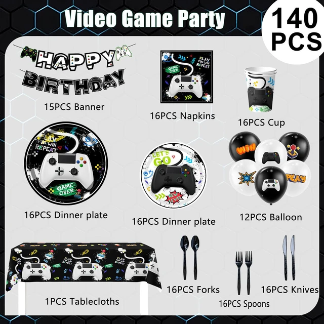 Alt view image 6 of 6 - Video Game Party Decorations for Boys,140pcs Gamer Birthday Decorations&Video Game Party Tableware Set - Watercolor Video Game Party Plates Napkins Tablecloth Balloons Banner etc Gaming Party Supplies