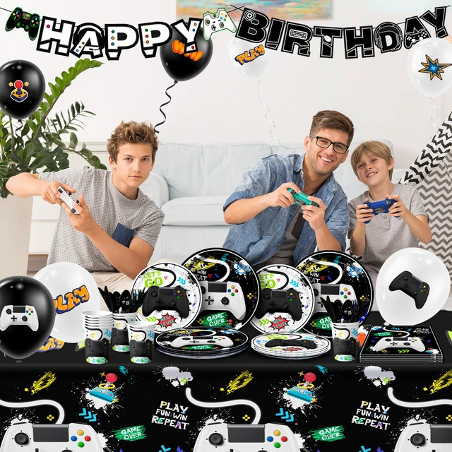 Alt view image 4 of 6 - Video Game Party Decorations for Boys,140pcs Gamer Birthday Decorations&Video Game Party Tableware Set - Watercolor Video Game Party Plates Napkins Tablecloth Balloons Banner etc Gaming Party Supplies