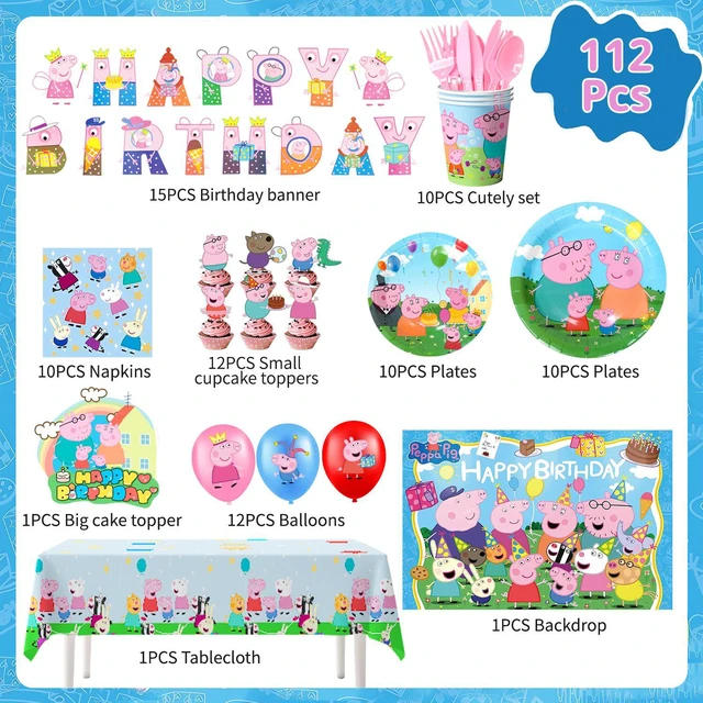 Alt view image 7 of 7 - Peppa Pig Birthday Party Supplies, 112 Pcs Peppa Pig Party Decorations & Tableware Set - Peppa Pig Cake Toppers Balloons Backdrop Cups etc. Peppa Pig Themed Birthday Party Decorations for boys/girls