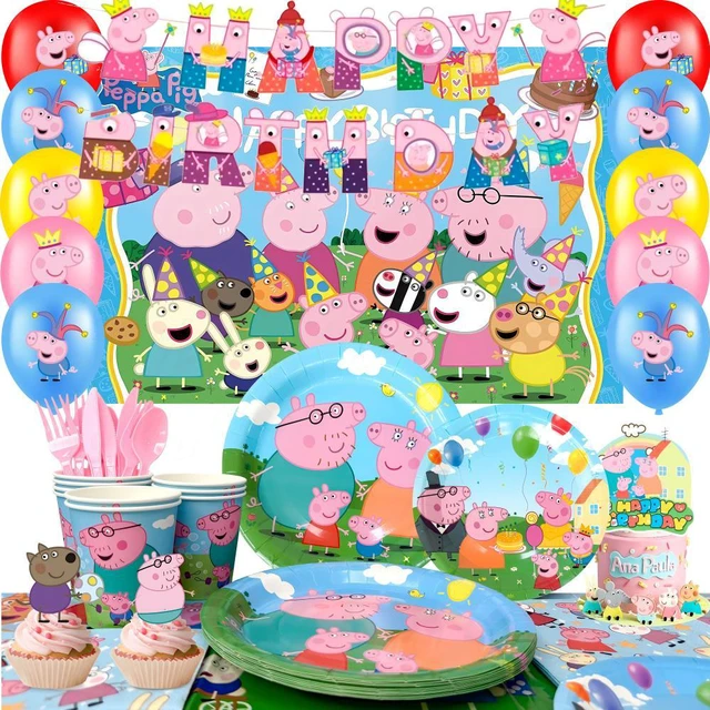 Main image of Peppa Pig Birthday Party Supplies, 112 Pcs Peppa Pig Party Decorations & Tableware Set - Peppa Pig Cake Toppers Balloons Backdrop Cups etc. Peppa Pig Themed Birthday Party Decorations for boys/girls