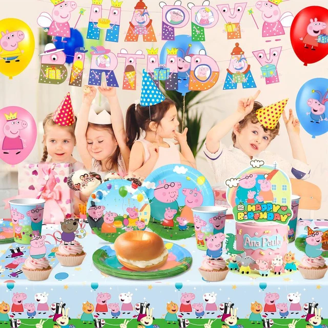 Alt view image 3 of 7 - Peppa Pig Birthday Party Supplies, 112 Pcs Peppa Pig Party Decorations & Tableware Set - Peppa Pig Cake Toppers Balloons Backdrop Cups etc. Peppa Pig Themed Birthday Party Decorations for boys/girls