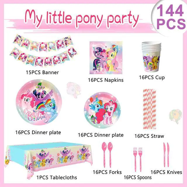 Alt view image 6 of 6 - My Little Pony Birthday Party Supplies, 144 Pcs My Little Pony Decorations & Tableware Set - My Little Pony Plates Cups Napkins & My Little Pony Birthday Party Banner etc My Little Pony Party Supplies